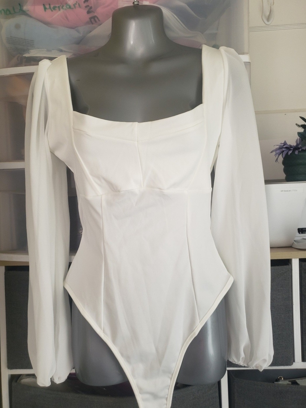 NWOT. White Long-Sleeve Square Neck Bodysuit W/Sheer Sleeves